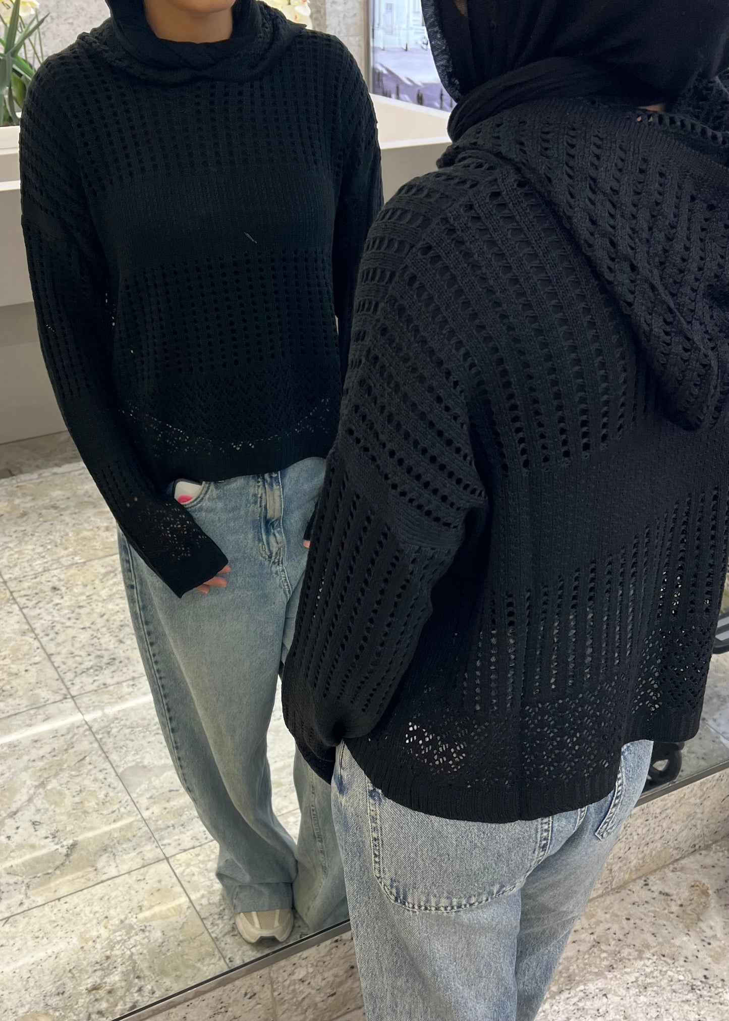 Hooded Light Knit Top: Black