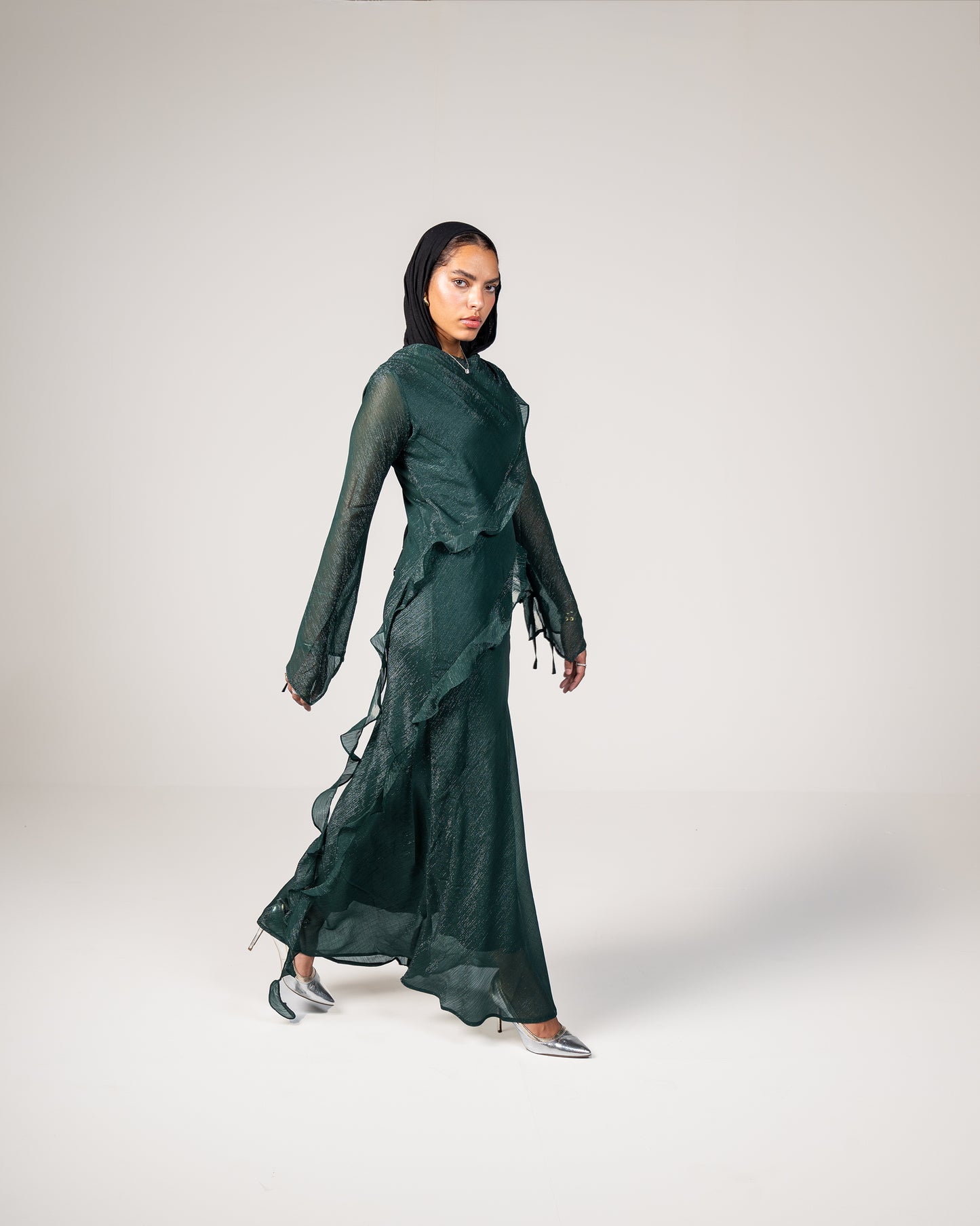 Glam Ruffle Dress in Emerald Green