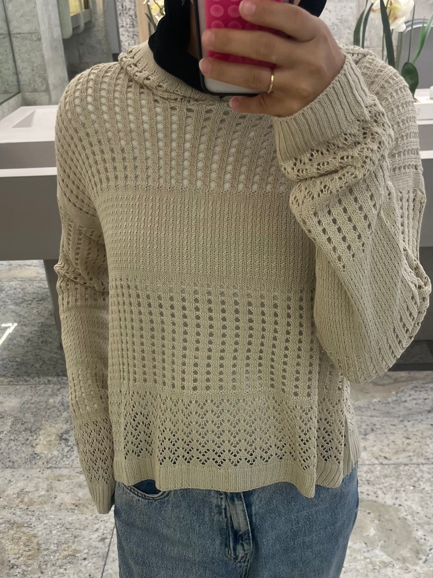 Hooded Light Knit Top: Beige