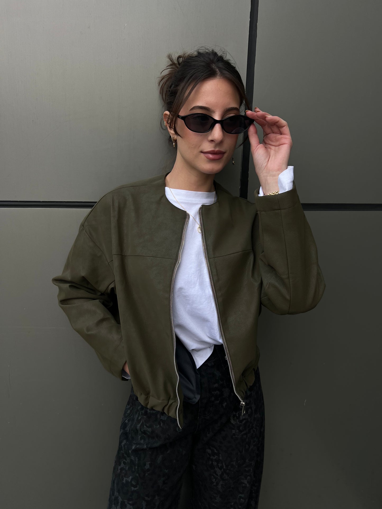 Boss-Girl Leather Jacket in Olive Green