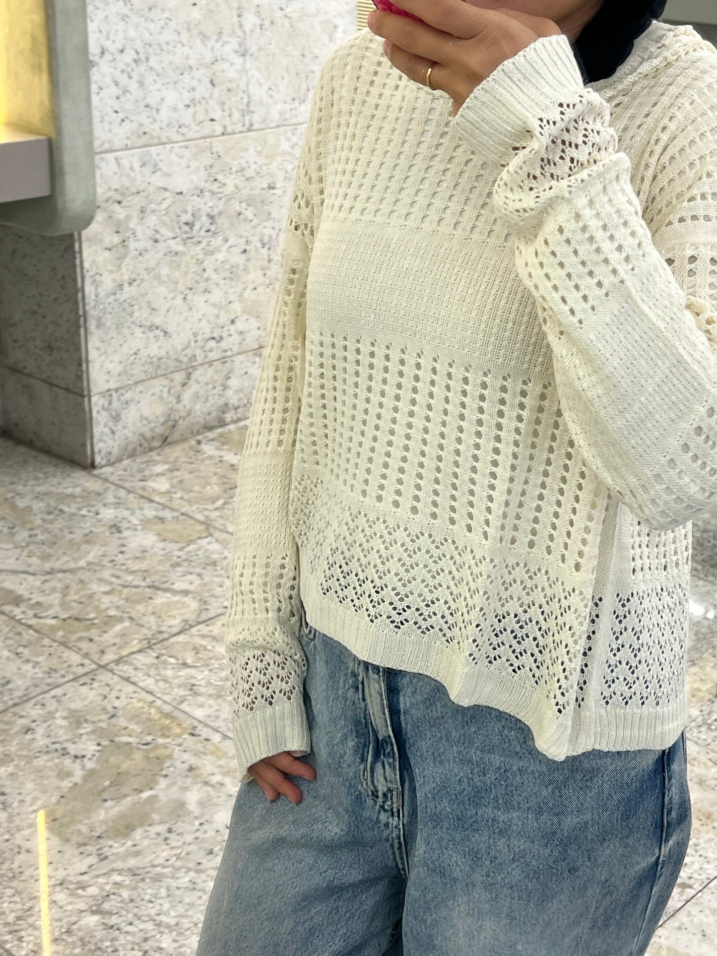 Hooded Light Knit Top: Off White