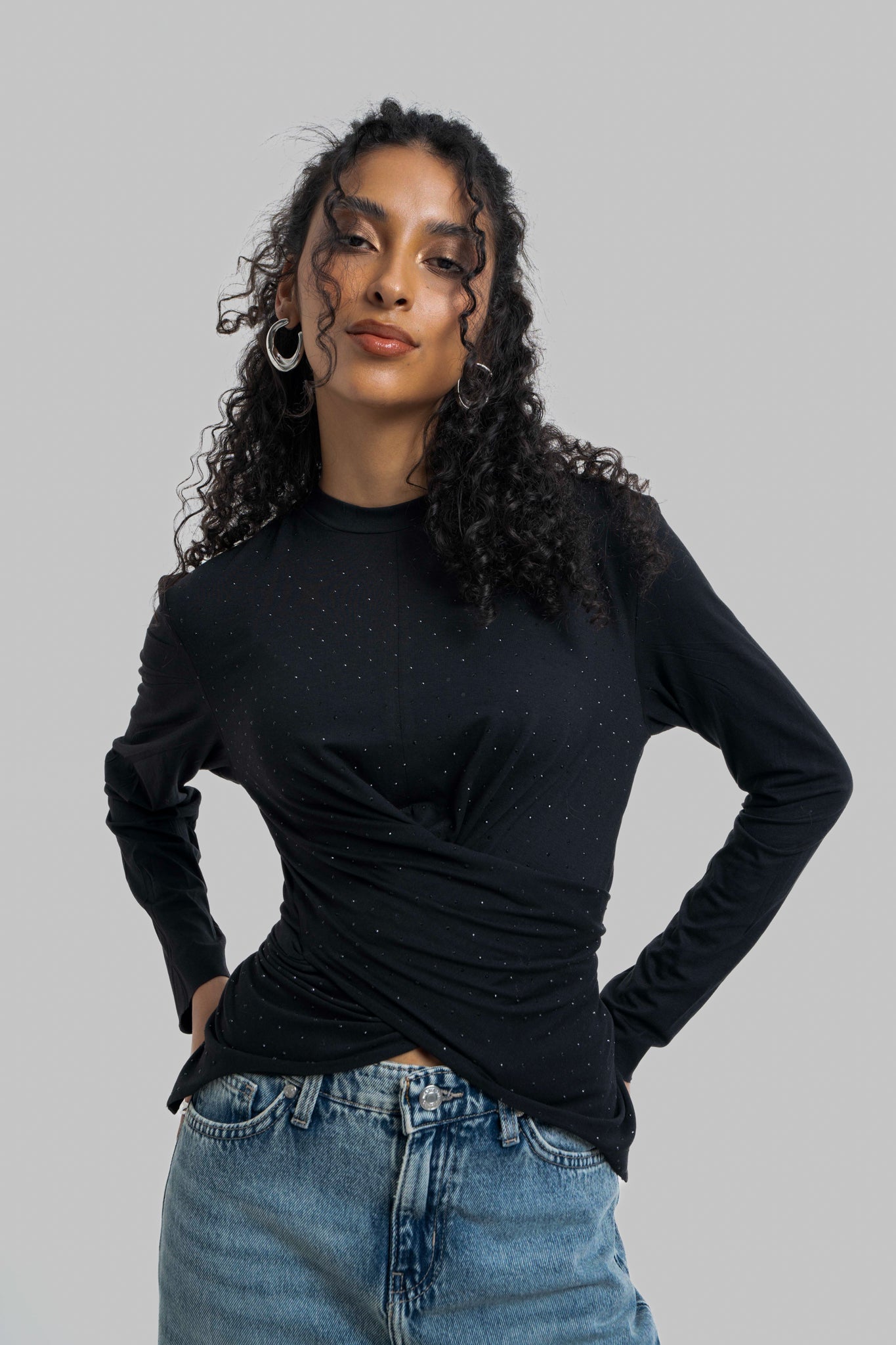 The Studded Wrap Cotton T-shirt: Black