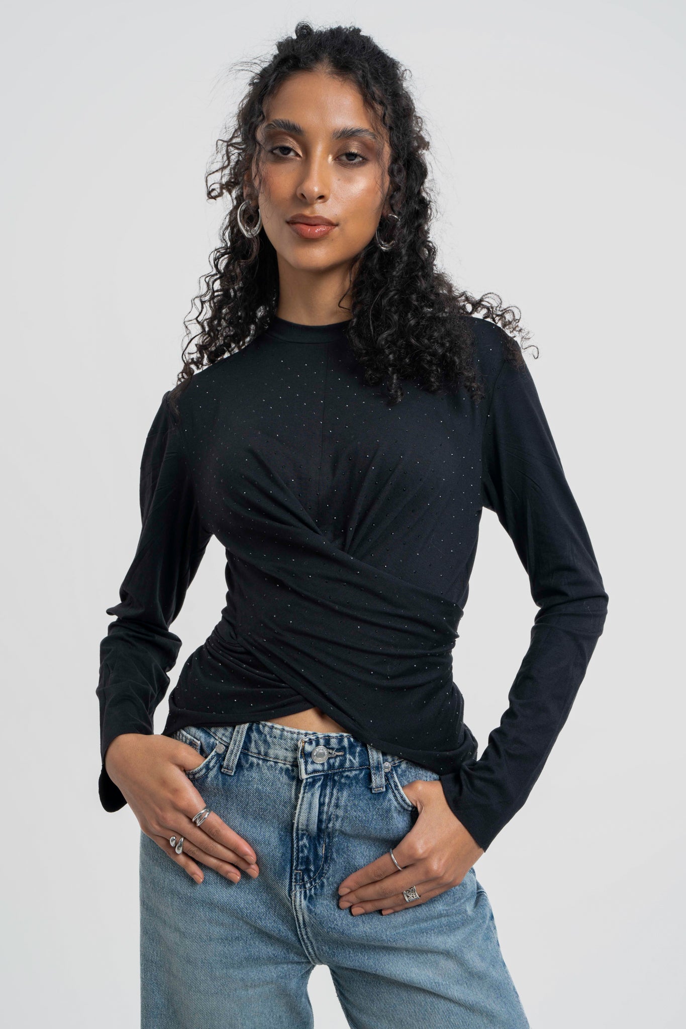 The Studded Wrap Cotton T-shirt: Black