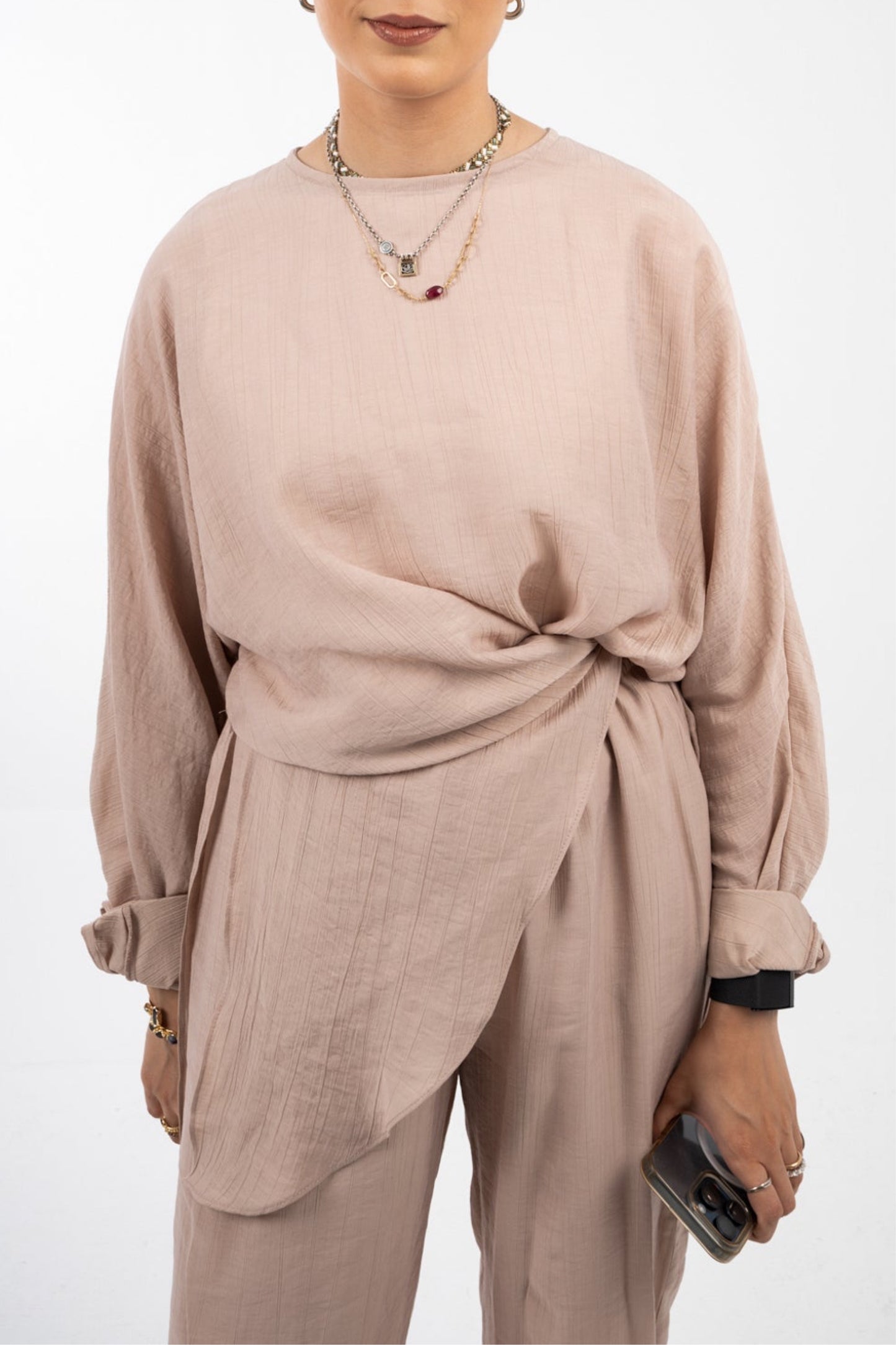 "AM to PM" Multi-Wrap Linen Top: Beige
