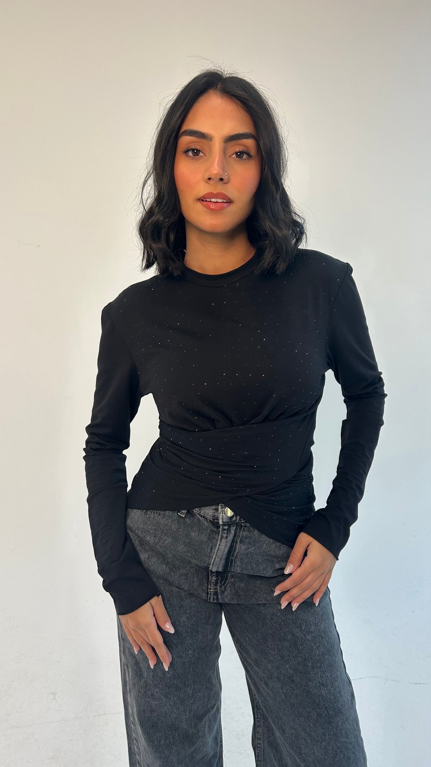 The Studded Wrap Cotton T-shirt: Black