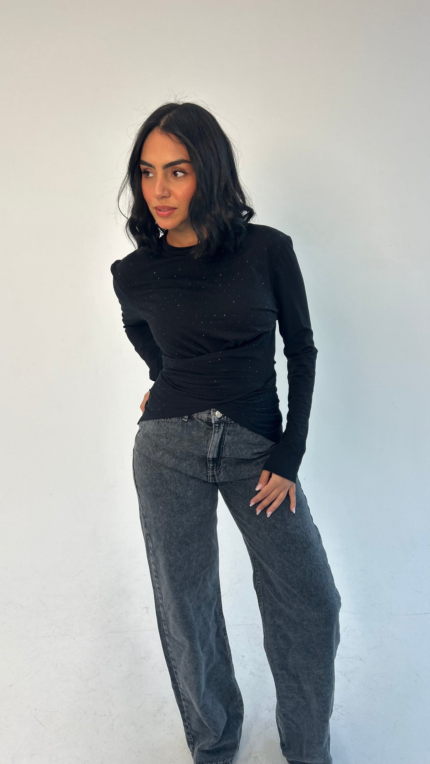 The Studded Wrap Cotton T-shirt: Black