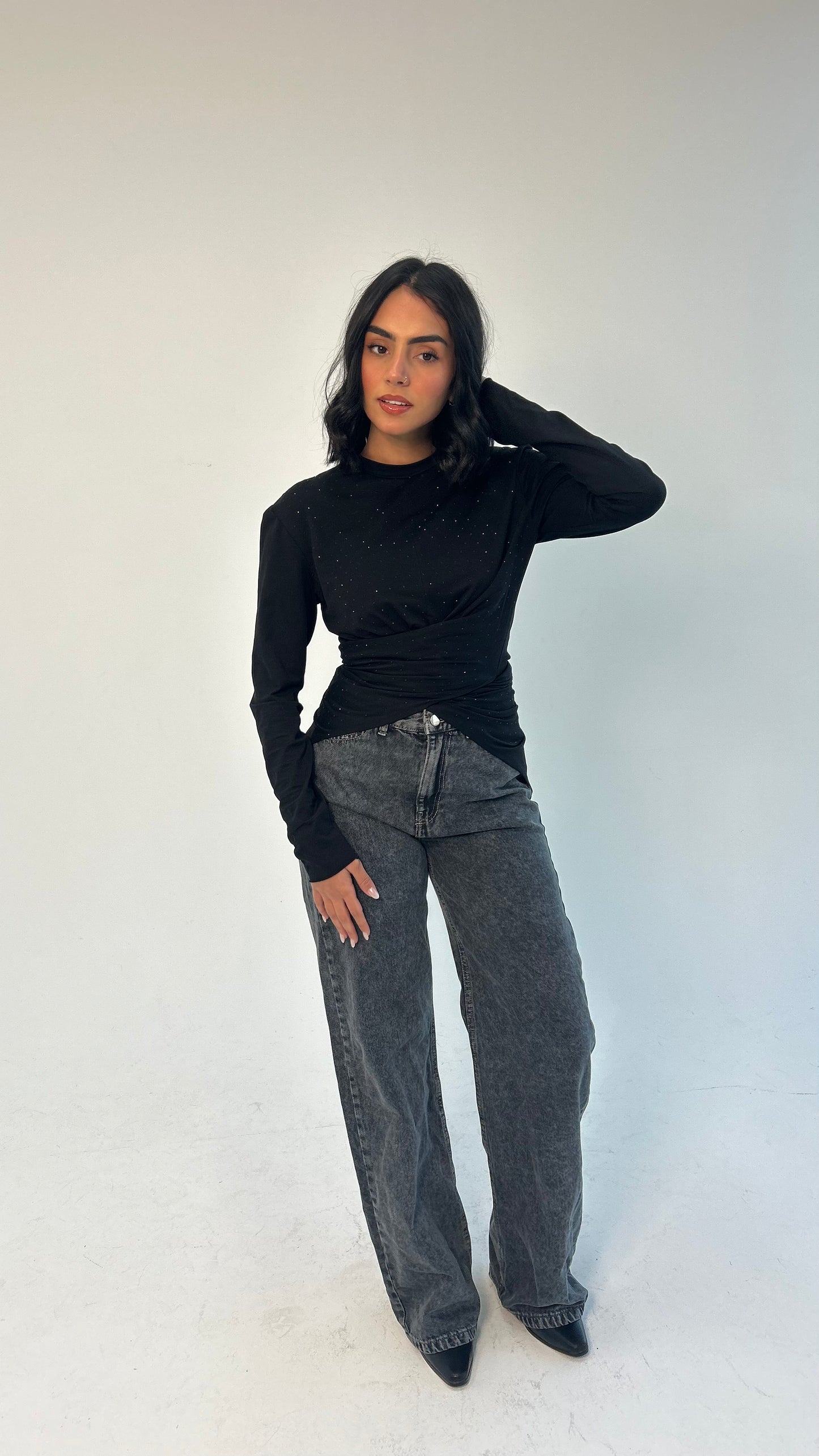 The Studded Wrap Cotton T-shirt: Black