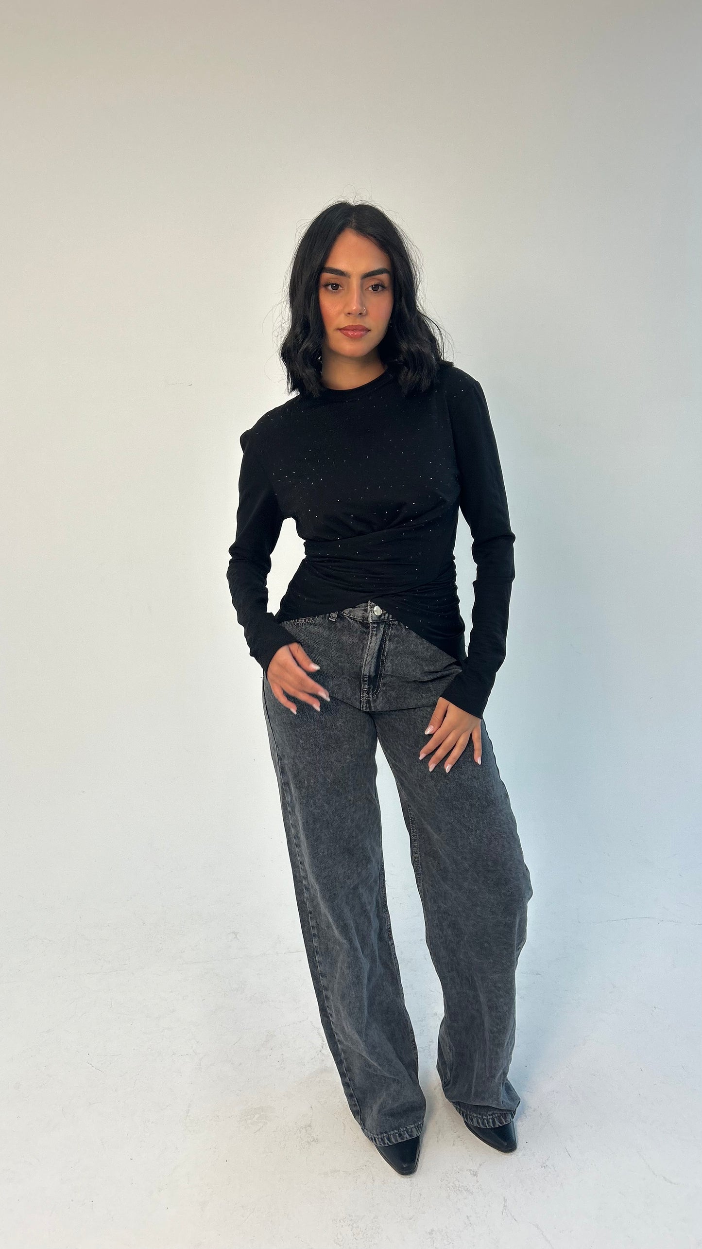 The Studded Wrap Cotton T-shirt: Black