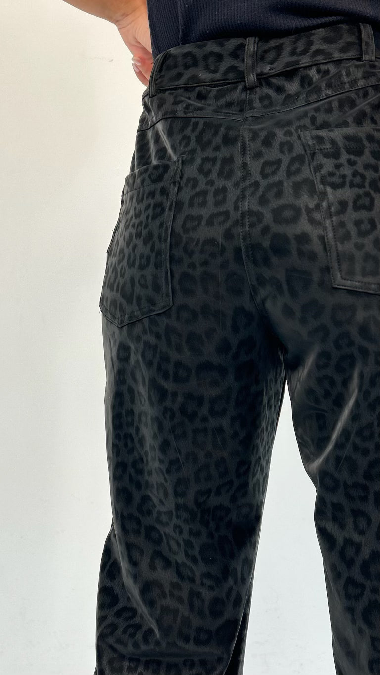 Black Cheetah Leather Pants