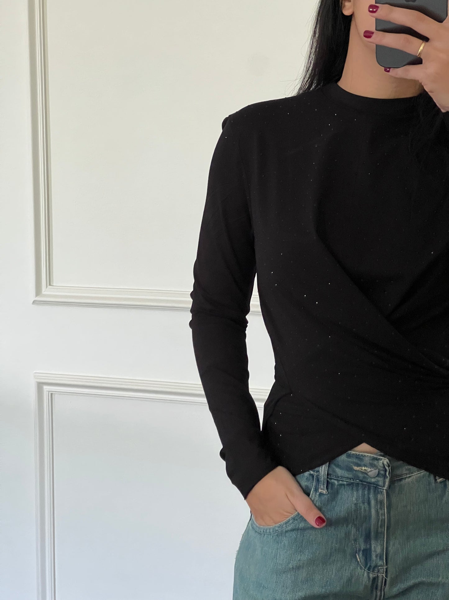The Studded Wrap Cotton T-shirt: Black