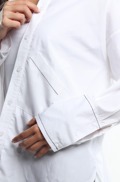 "Much-Needed" White Poplin Shirt with Black Stitching