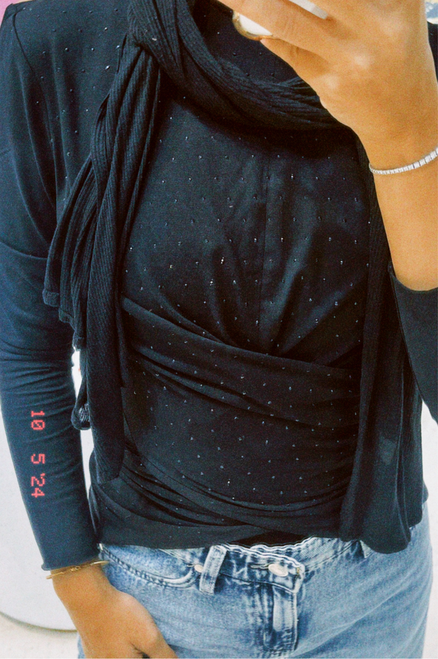 The Studded Wrap Cotton T-shirt: Black