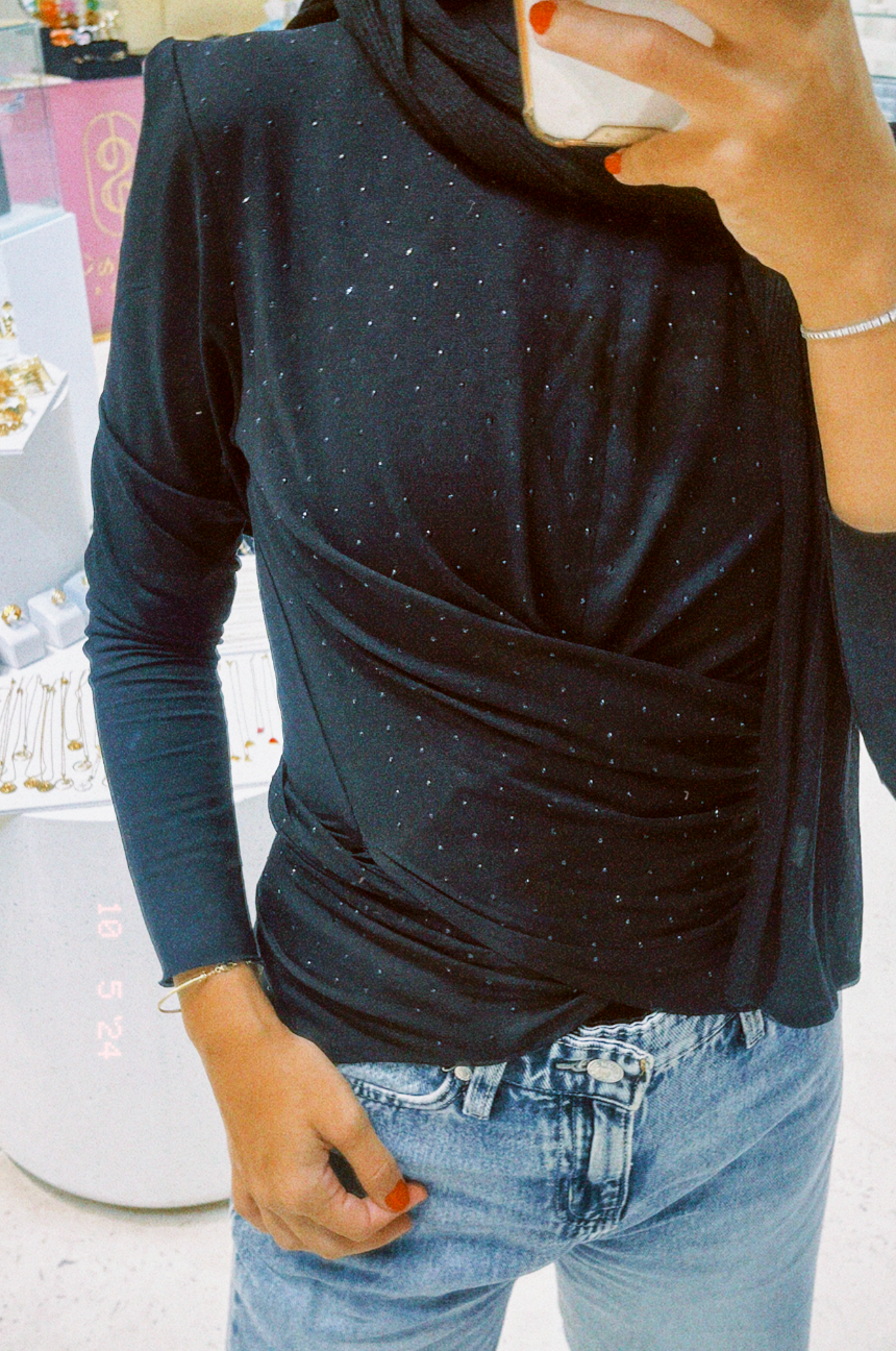 The Studded Wrap Cotton T-shirt: Black
