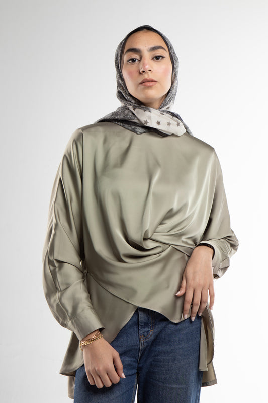 "AM to PM" Multi-Wrap Satin Top: Olive