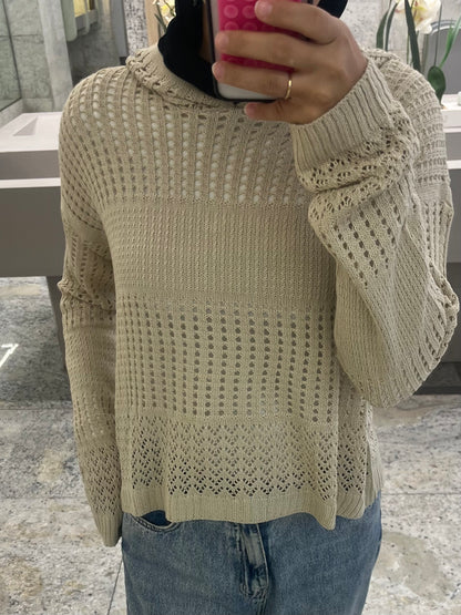 Hooded Light Knit Top: Beige