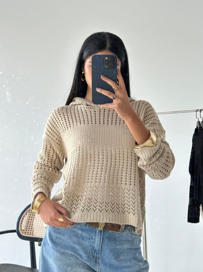Hooded Light Knit Top: Beige
