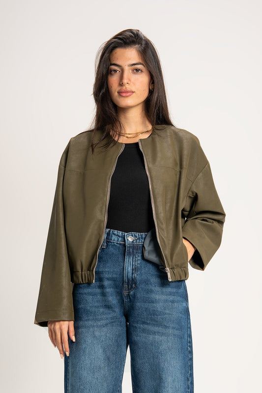 Boss-Girl Leather Jacket in Olive Green