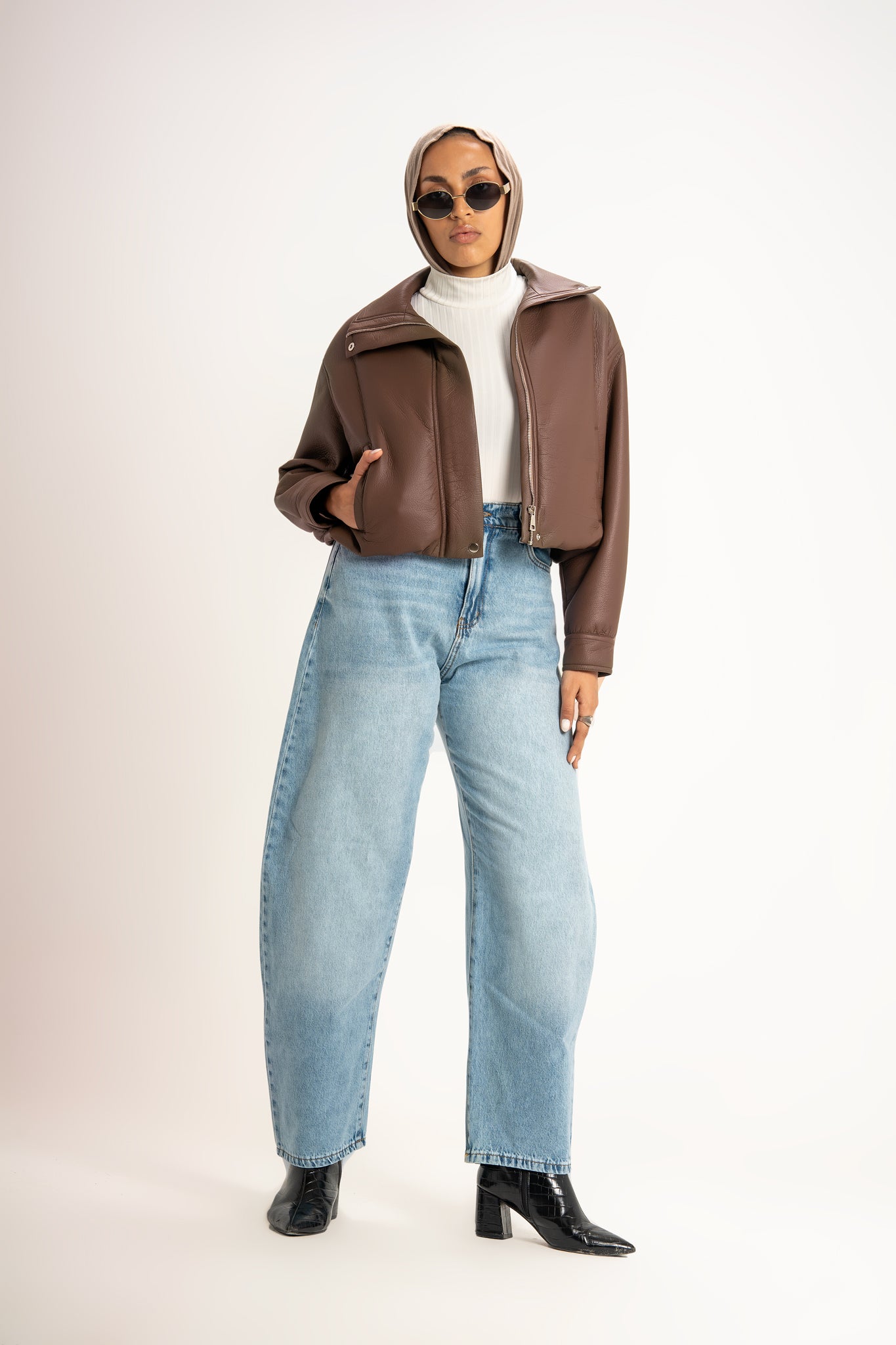 Collared Leather Jacket in Brown