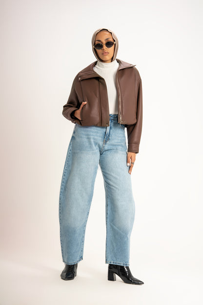 Collared Leather Jacket in Brown