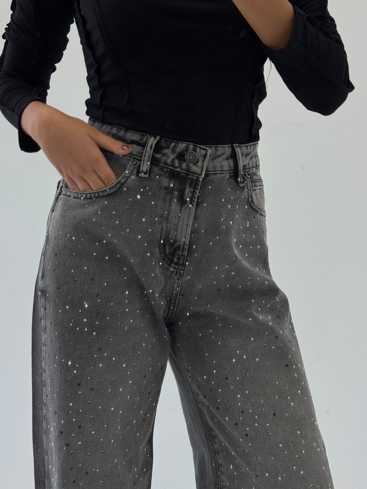 Studded Wide Leg Jeans: Grey