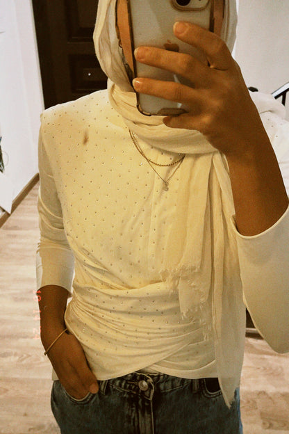 The Studded Wrap Cotton T-shirt: Off White/Créme