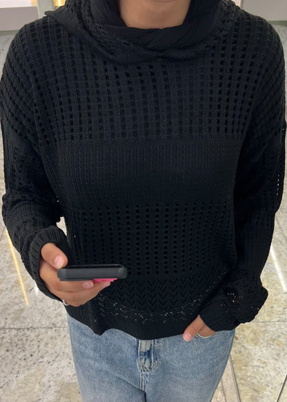 Hooded Light Knit Top: Black