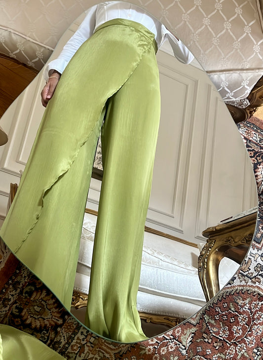 "Self-Love" Overskirt Satin Pants: Green