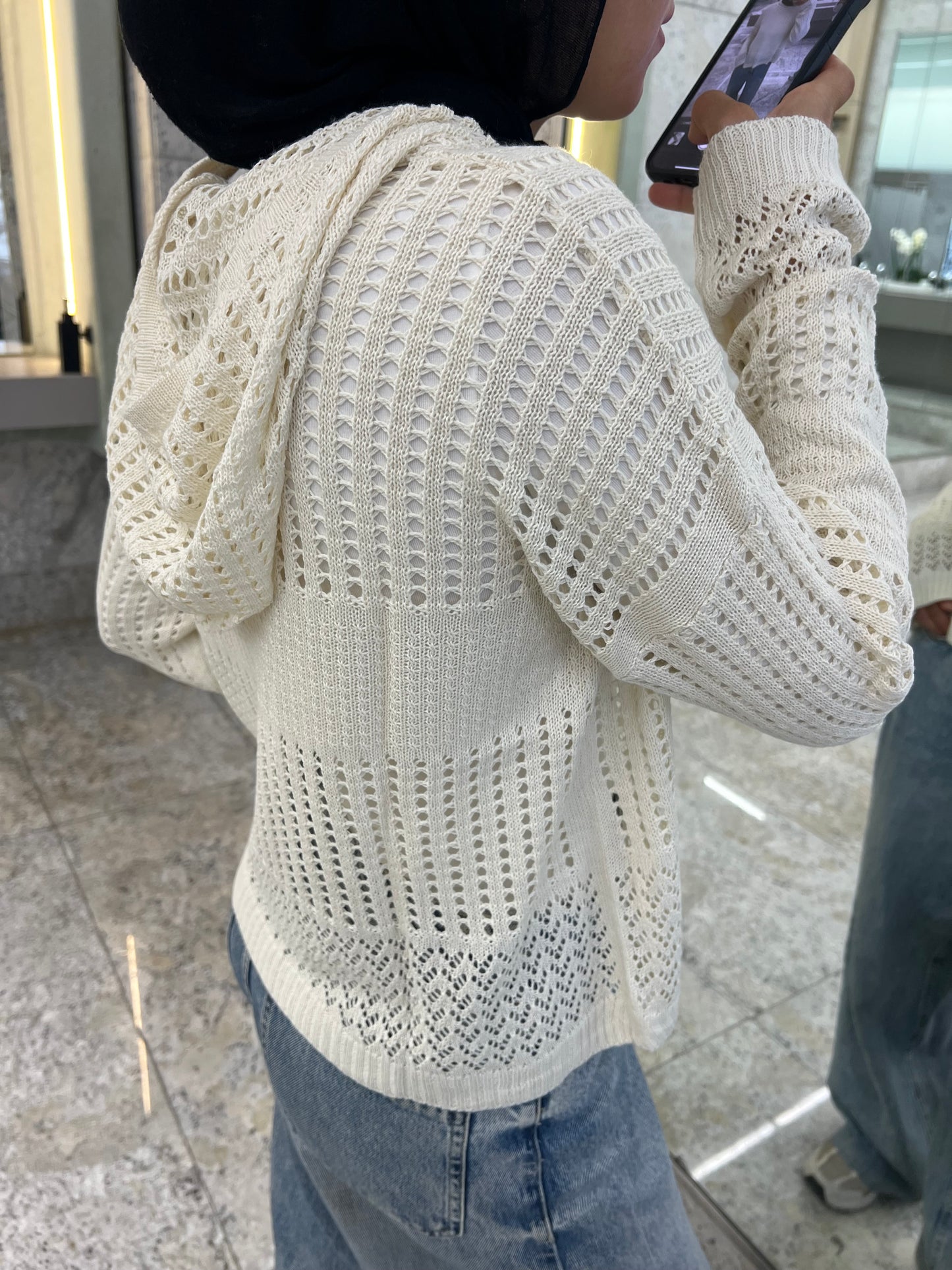 Hooded Light Knit Top: Off White