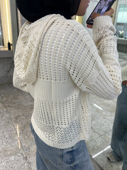 Hooded Light Knit Top: Off White