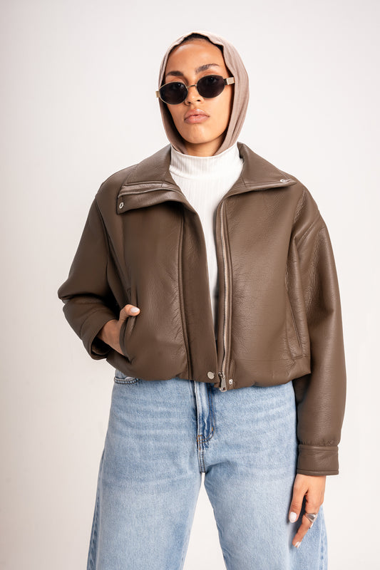 Collared Leather Jacket in Brown