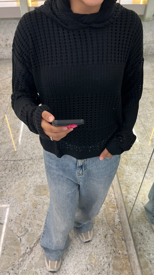 Hooded Light Knit Top: Black