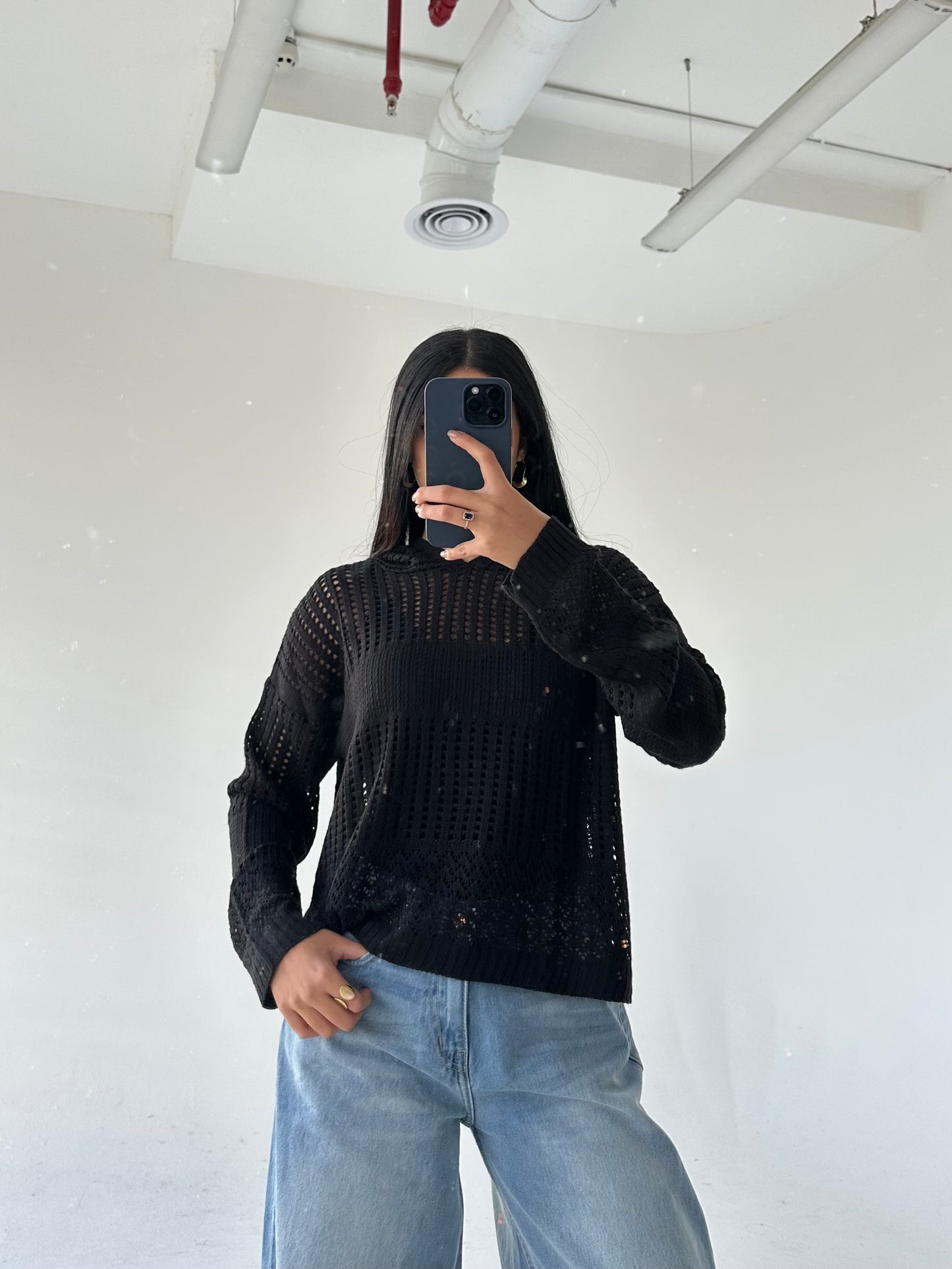 Hooded Light Knit Top: Black