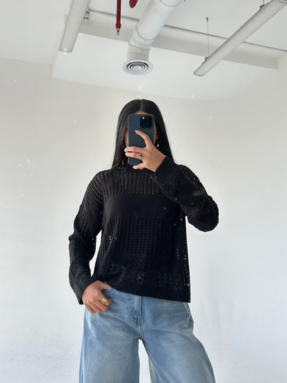 Hooded Light Knit Top: Black