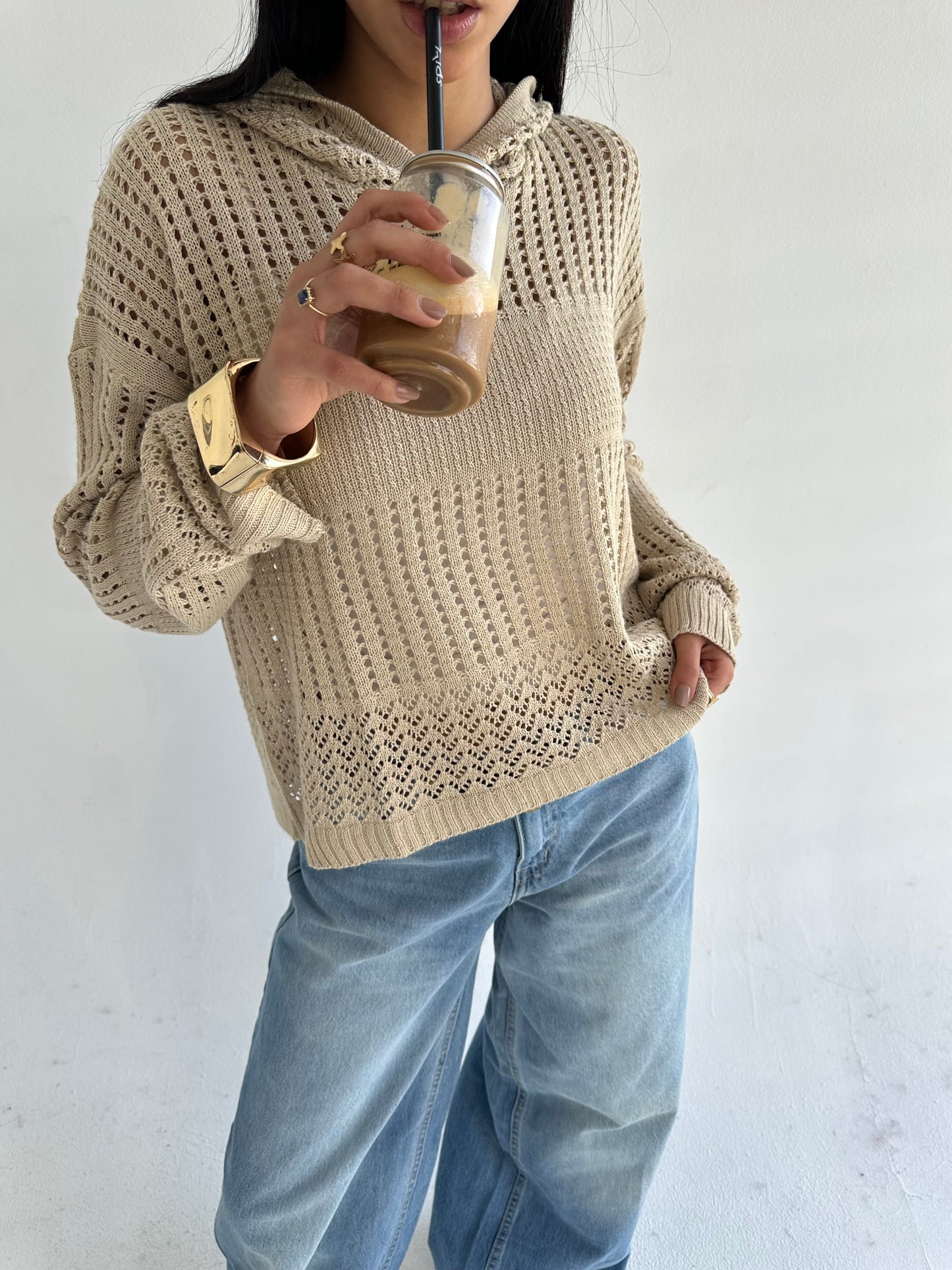 Hooded Light Knit Top: Beige