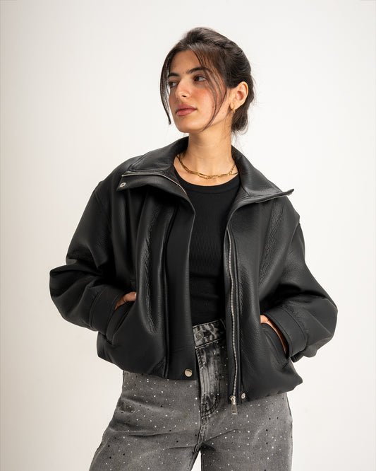 Collared Leather Jacket in Black