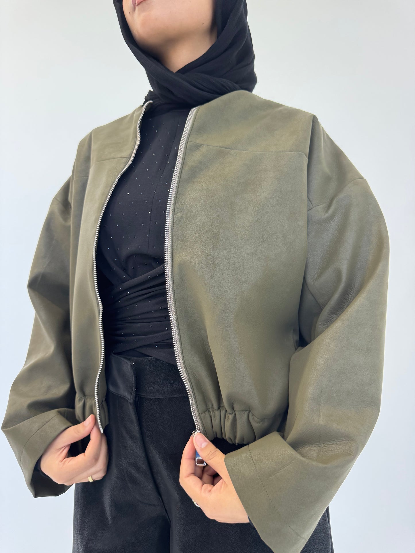 Boss-Girl Leather Jacket in Olive Green
