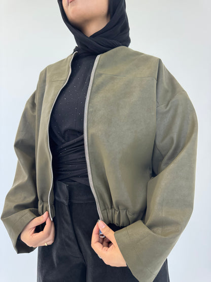 Boss-Girl Leather Jacket in Olive Green