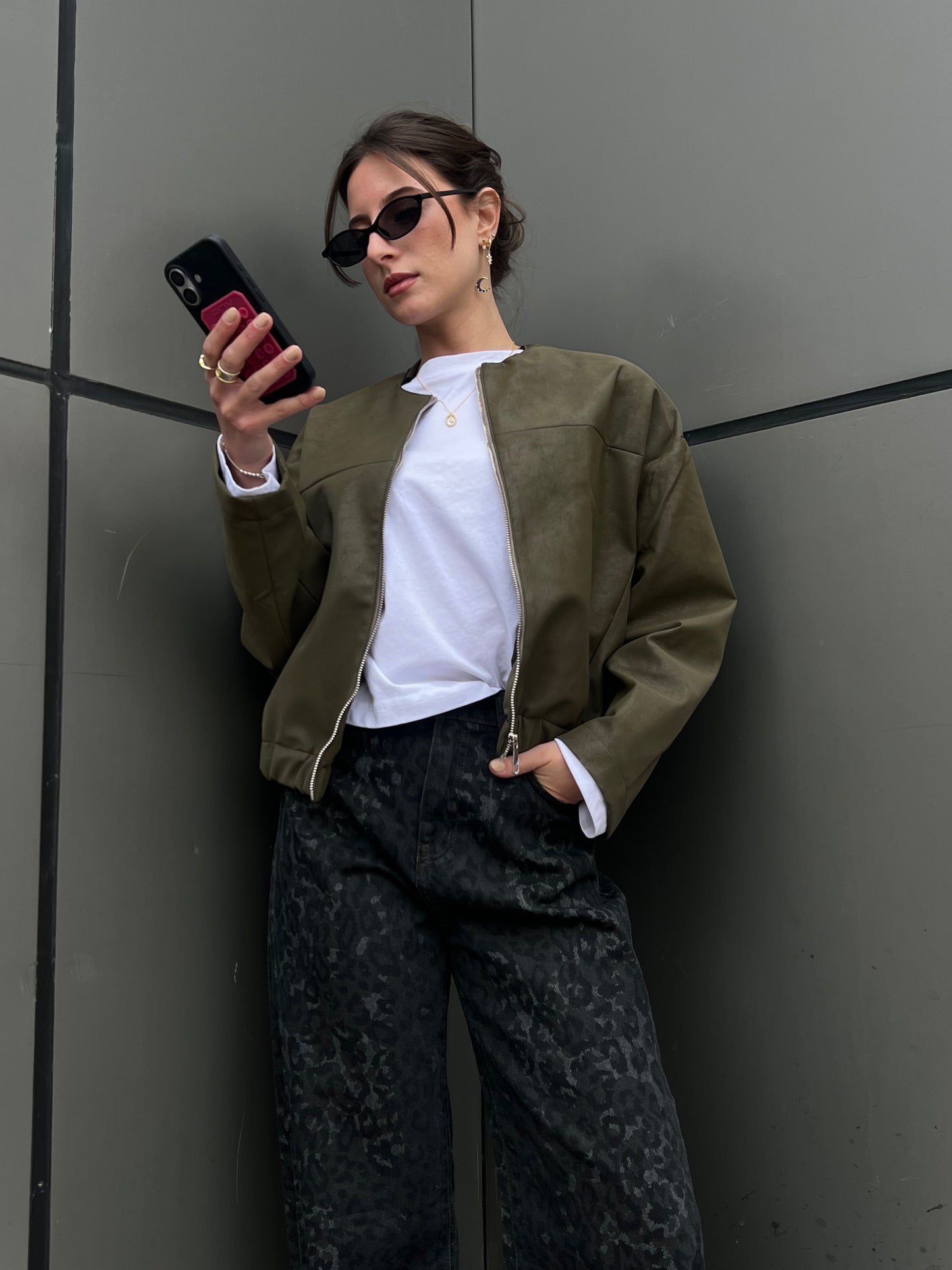 Boss-Girl Leather Jacket in Olive Green