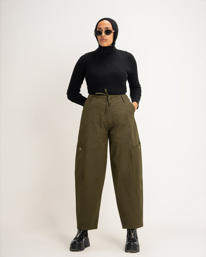 "Best-Self" Balloon Trousers in Olive Gabardine