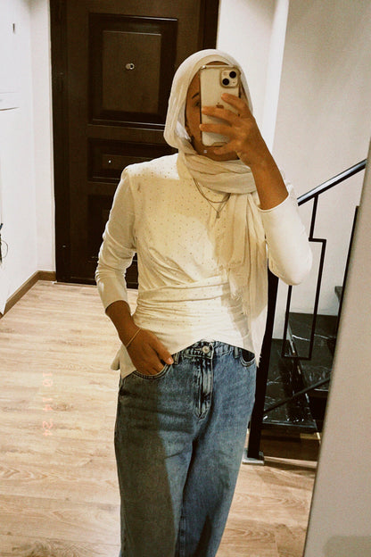 The Studded Wrap Cotton T-shirt: Off White/Créme