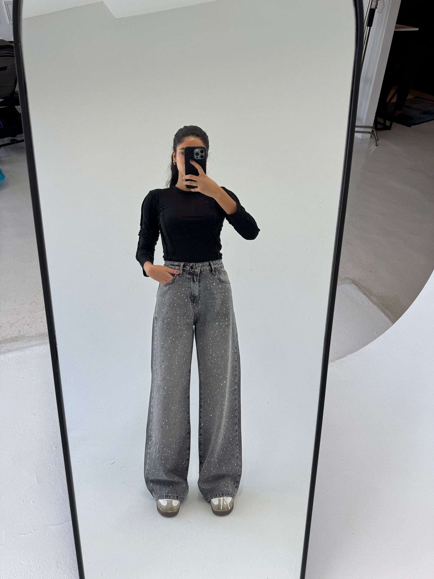 Studded Wide Leg Jeans: Grey