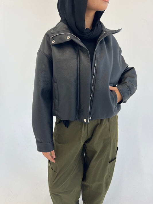 Collared Leather Jacket in Black