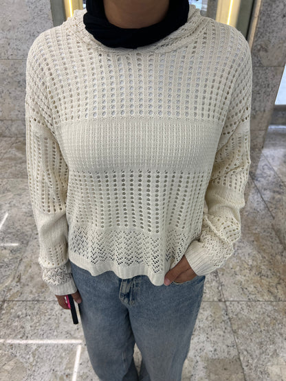 Hooded Light Knit Top: Off White