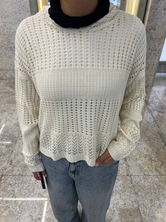 Hooded Light Knit Top: Off White