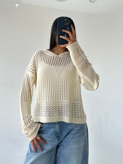 Hooded Light Knit Top: Off White