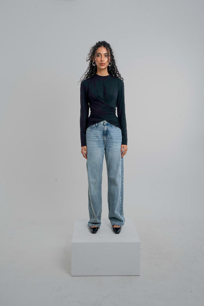 The Studded Wrap Cotton T-shirt: Black