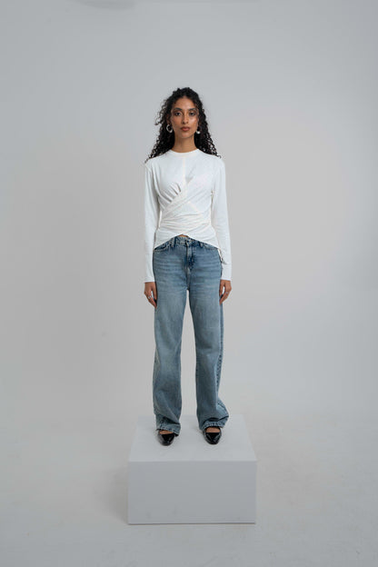The Studded Wrap Cotton T-shirt: Off White/Créme
