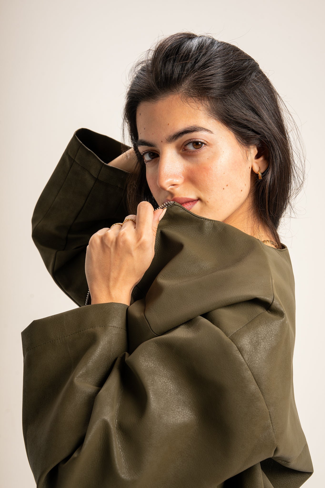 Boss-Girl Leather Jacket in Olive Green