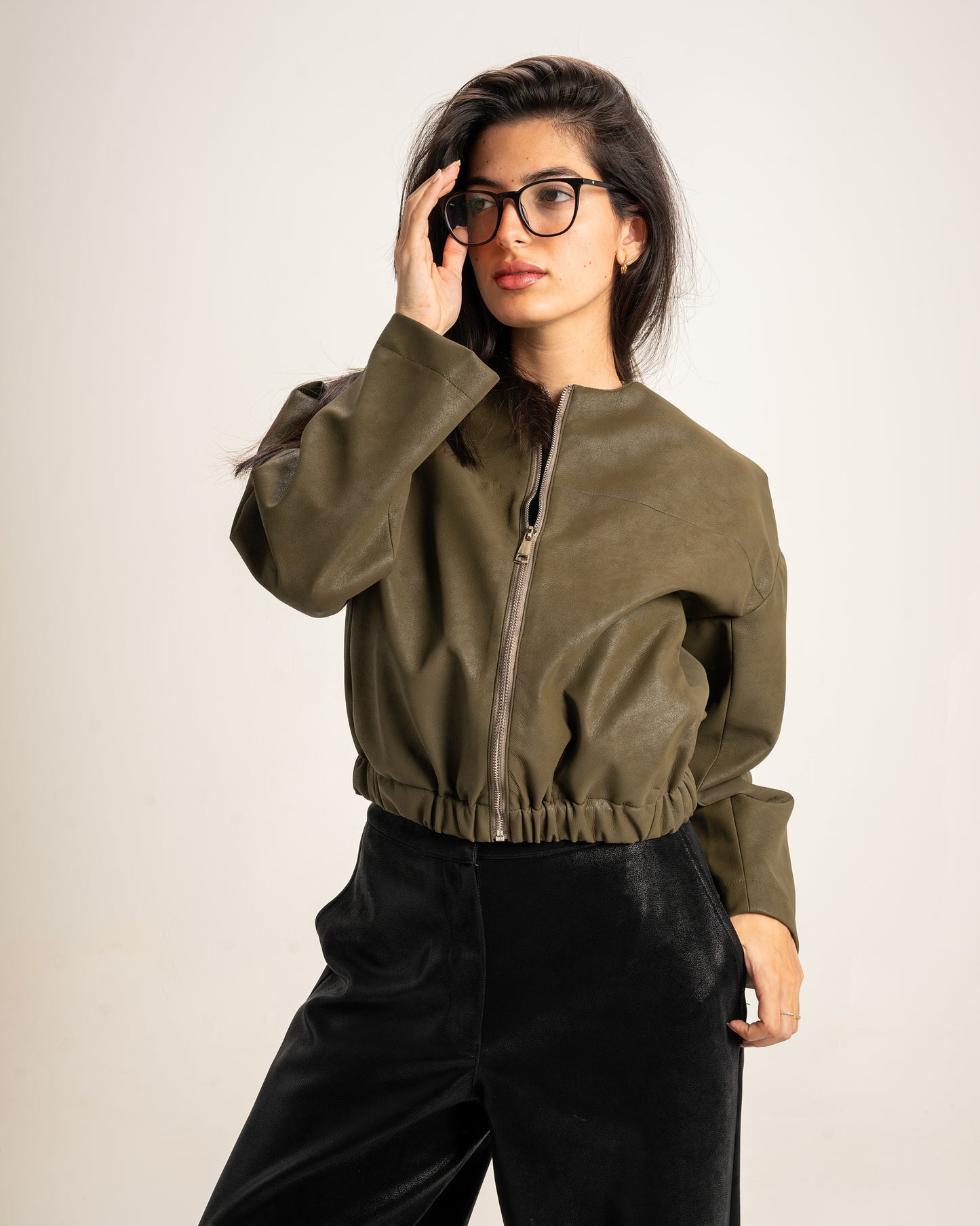 Boss-Girl Leather Jacket in Olive Green