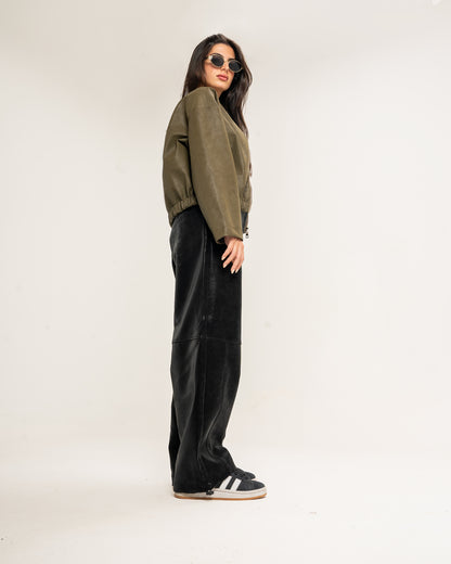 Boss-Girl Leather Jacket in Olive Green